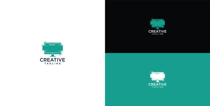 Minimalist computer monitor logo design with a creative slogan and a teal and white color palette