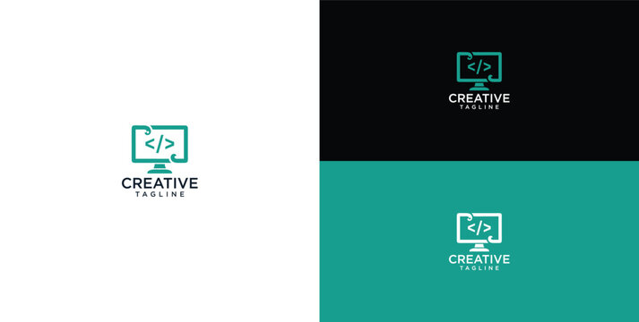 Computer monitor with coding symbol logo template for software development and programming technology brand