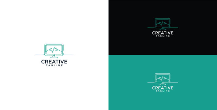 Modern minimalist logo design featuring a computer monitor with code brackets, symbolizing creative software development, programming, and digital technology solutions