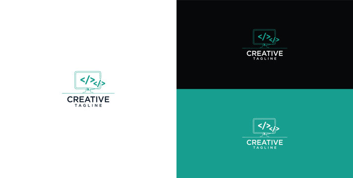 Modern software developer logo template with coding bracket symbols on monitor screen