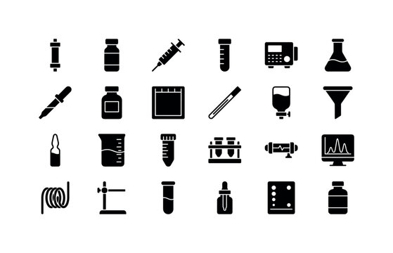 Separation Science Bench. Solid glyph icon set of chromatography laboratory objects: chromatography column, sample vial, injection syringe, fraction tube, detector module, collection flask, pipette,