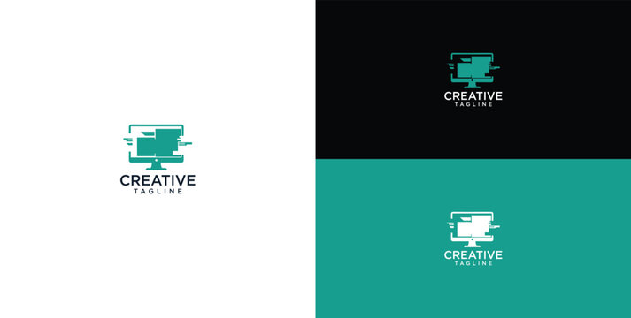 Creative digital glitch monitor logo for technology companies and software developers with a modern pixelated design style on various backgrounds