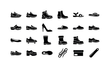 Obraz premium Casual Footwear Closet. Solid glyph icon set of footwear icons with sneaker boot sandal: sneaker, running shoe, hiking boot, ankle boot, sandal, flip flop, clog, loafer, high heel, slipper, mule, lace