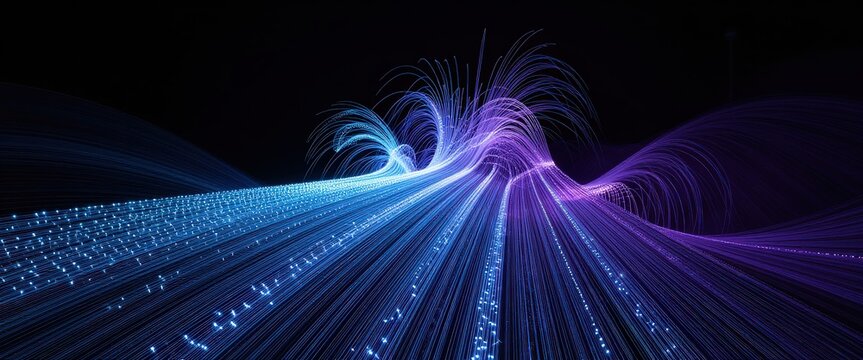 Flowing blue and purple light trails on a black background. Use: technology background, abstract art, digital design.