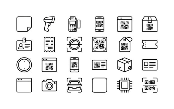 Digital Barcode Pack. Line icon set of QR Code Icons: QR sticker, handheld scanner, pay terminal, mobile app code, web page code, parcel code, identification badge, shopping receipt, scan lens,