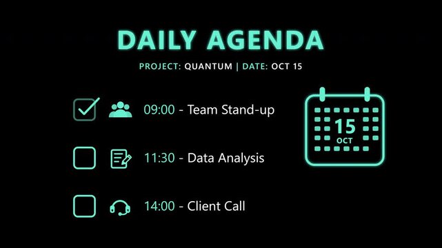 Motion graphics of daily agenda dashboard with calendar and task list overlay on a deep black background