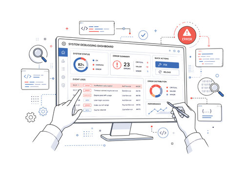 System Debugging Dashboard. Hands interact with a wide monitor filled with simplified logs, error tags, and clean status cards labeled ?FIX? and ?ERROR.? Floating magnifier icons, code fragments, and