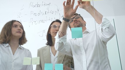 Business professionals collaborating at an office meeting, brainstorming ideas and writing strategies on a glass board with sticky notes during a planning session © rogerphoto