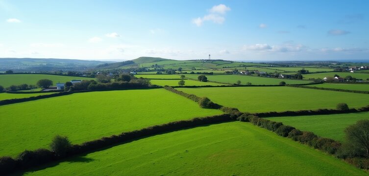 Green fields divided by hedges stretch to horizon under clear blue sky. Rolling hills and distant houses dot agricultural landscape. This Irish countryside scene shows vibrant pastures and farm land.