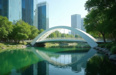 Fototapeta premium Modern white bridge spans calm green water reflecting skyscrapers and lush trees. City park offers nature oasis with urban architecture backdrop. Peaceful waterscape scene.