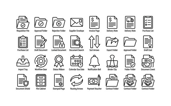 Order Document Toolkit. Line icon set of procurement workflow and office forms: requisition file, approval folder, rejection folder, supplier envelope, invoice page, delivery note, purchase list,