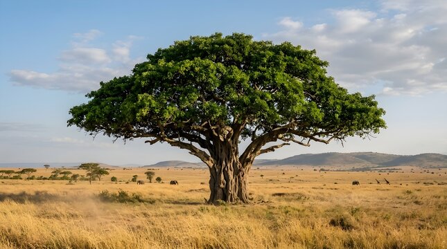 Serene marula tree with lush leaves in gentle breeze