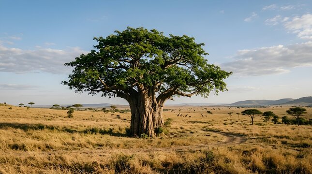 Serene marula tree with lush leaves in gentle breeze