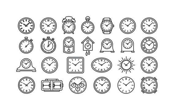 Classic Clock Dials. Line icon set of analog clock faces: round clock, wall clock, alarm clock, pocket watch, wristwatch dial, station clock, stopwatch, timer dial, pendulum clock, cuckoo clock, desk