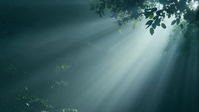 Beautiful sunbeams and light rays shining through dark green forest canopy in dense morning fog