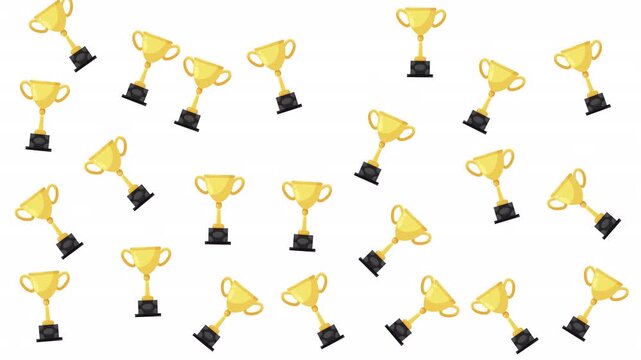 Shiny gold trophy awards scattered on white background with celebratory icons, suitable for congratulatory themes and achievement illustrations.