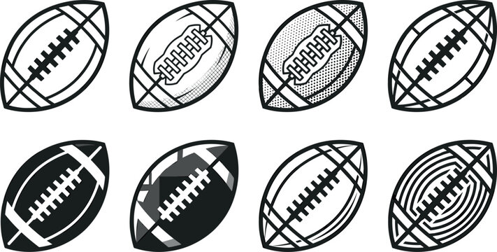 American Football Ball Icon Set with Vintage Halftone Silhouette and Linear Lacing Symbols for Ruger Sports Tournament and Team Branding Designs