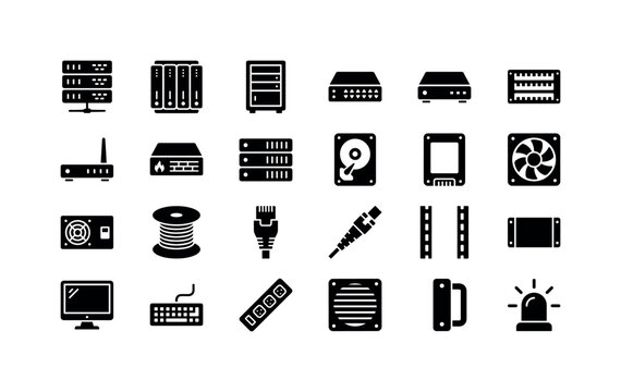 Datacenter Core Glyphs. Solid glyph icon set of server rack equipment: server rack, blade server, rack cabinet, network switch, router box, patch panel, modem unit, firewall appliance, storage array,