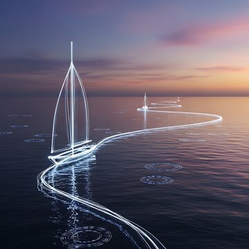 Luminous digital sailboat sailing on calm ocean at sunset