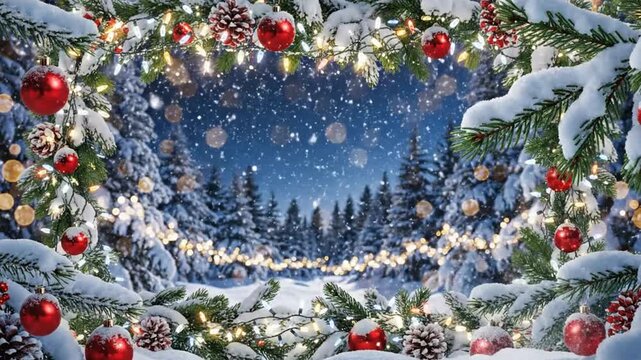 Snow covered pine branches with ornaments framing a winter village scene at twilight