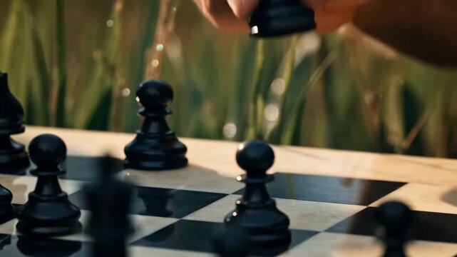 Hand moving a black chess piece on a chessboard