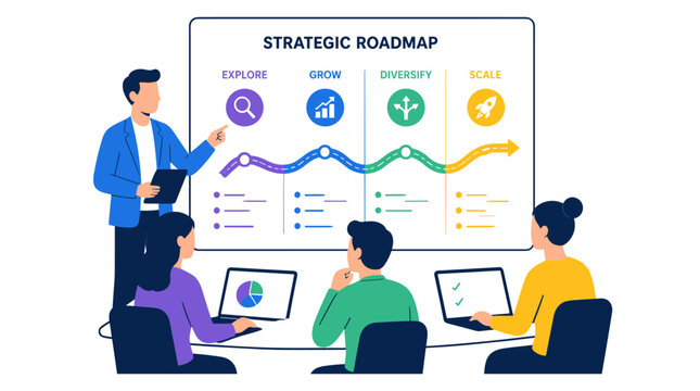 Business team presenting strategic roadmap in meeting.
