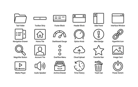 Website Toolbar Icons. Line icon set of Web Menu: tab folder, toolbar strip, footer block, header block, side panel, interface window, navigation drawer, home tile, dashboard gauge, option knob, alert