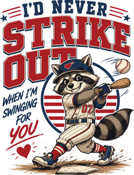 I'd Never Strike Out When I'm Swinging For You Baseball Gift, Funny Baseball Love Design, Romantic Baseball Gift, Baseball Couple Graphic, Cute Raccoon Mascot