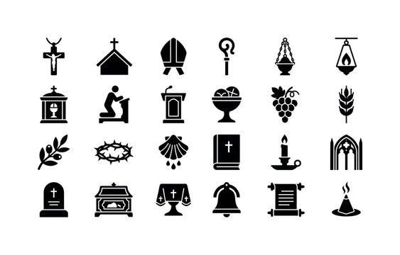 Sacrament Object Set. Solid glyph icon set of Christian religion and Catholic faith: crucifix pendant, chapel roof, mitre hat, crozier staff, censer chain, sanctuary lamp, tabernacle box, kneeling