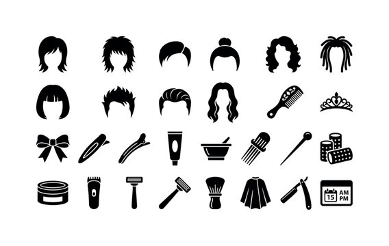 Hairstyle Fashion Marks. Solid glyph icon set of trendy hairstyles and fashion salon symbols: layered haircut silhouette, shag haircut silhouette, side part hairstyle, top knot hairstyle, loose curls