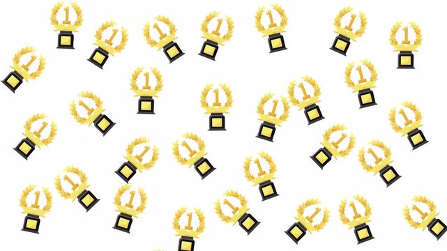 Many yellow gold first place award trophies on white background for presentations, success concepts, sports events, and victory celebrations.