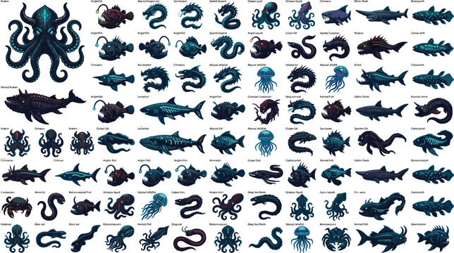 Vector illustration mega set of fantasy deep sea monsters and scary ocean creatures isolated on white background