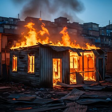 Wooden shack burning in a crowded shantytown at dusk