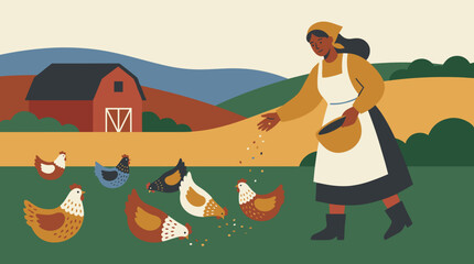 Naklejka premium Woman feeding chickens on farm with barn