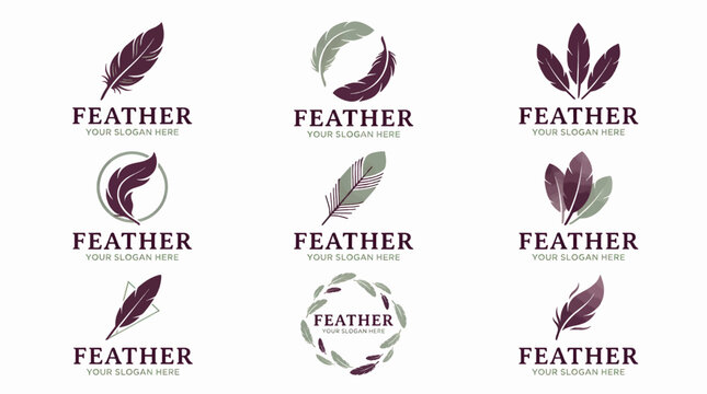 Collection of Nine Minimalist Feather Logos in Deep Plum and Muted Sage Colors, Featuring Various Arrangements and Text Placeholders for Branding