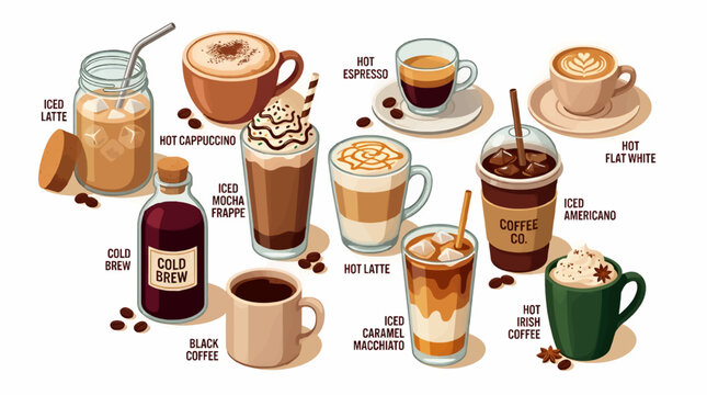 Flat Design Illustration of Various Coffee Drinks: Iced Latte, Hot Cappuccino, Cold Brew, Iced Mocha Frappe, Black Coffee, Hot Espresso, Hot Flat White, Hot Latte, Iced Americano, Iced Caramel