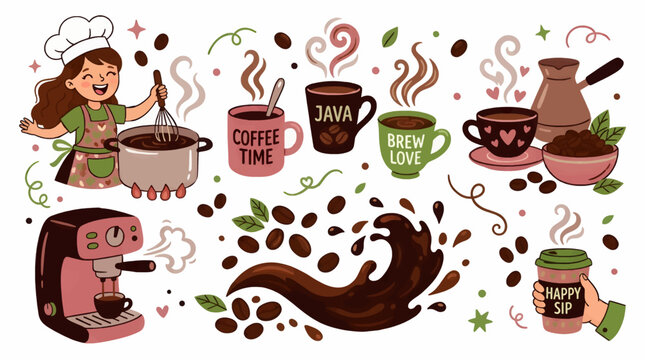 Whimsical Cartoon Coffee Collection with Chef, Espresso Machine, and Various Cups, Featuring Coffee Beans and Splashes, Flat Illustration Style