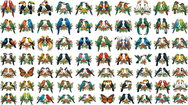 Vector cartoon mega icon set of cute colorful tropical birds and wild avian pairs isolated on white background