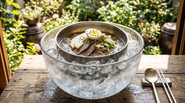 Gourmet Naengmyeon Served in Luxury Ice Chiller Bucket Presentation