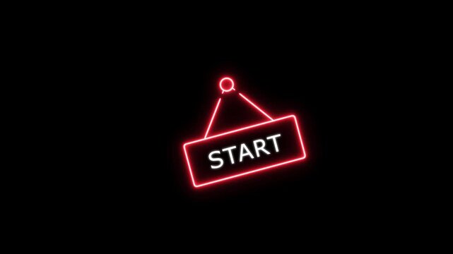 Glowing red neon start sign hanging on black background, for business launch, and gaming intro