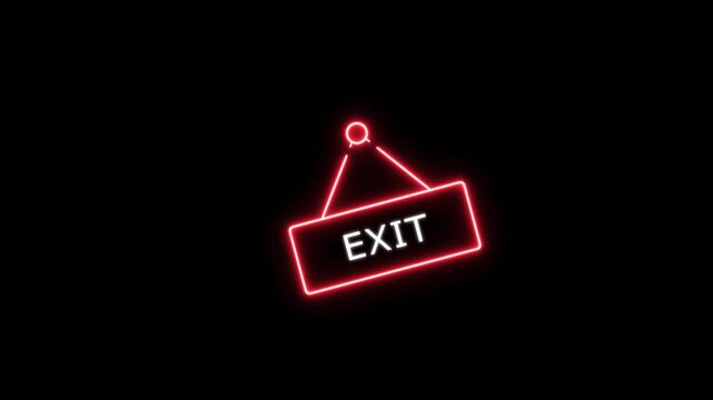 Glowing red neon exit sign hanging on black background, minimalist industrial signage for safety and wayfinding