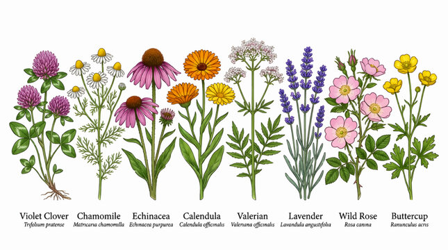 Collection of Medicinal Wild Flowers Vector Illustration, Featuring Violet Clover, Chamomile, Echinacea, Calendula, Valerian, Lavender, Wild Rose, and Buttercup with Scientific Names