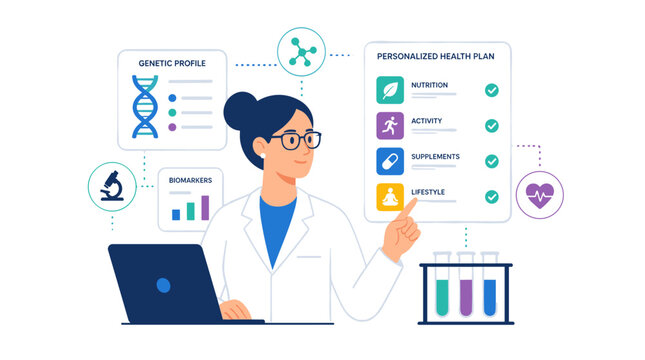 Female Scientist Analyzing Data With Laptop And Charts.