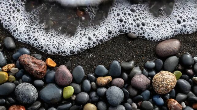Close-up of shoreline featuring colorful pebbles and foamy white ocean waves