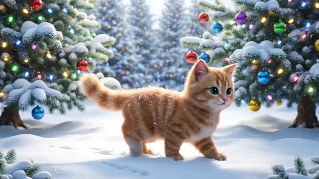 Adorable orange tabby kitten exploring a snowy winter forest decorated for Christmas.