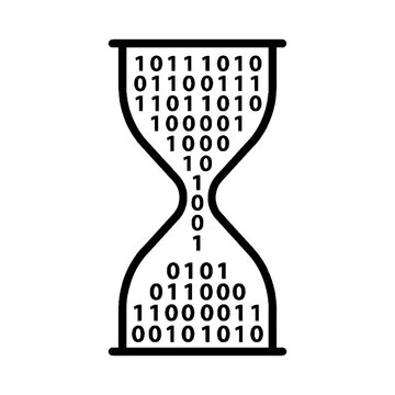 Hourglass icon with binary code digits representing digital time and data processing in a minimalist black and white vector illustration style