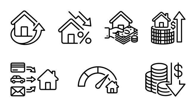 Real Estate Icons Set: Property Investment, Mortgage, Finance, Credit, and Market Trends