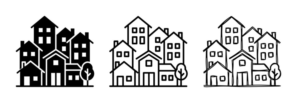 Urban Neighborhood Icons, Cityscape Buildings Collection, Residential Houses Group, Simple Vector Graphics for Real Estate and Community Concepts