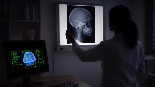 Female doctor looking a skull x-ray