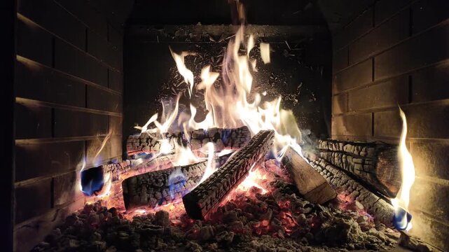 
Roaring wood fire with large bright flames and glowing embers burning inside a dark brick fireplace, cozy winter home heating cinematic video loop